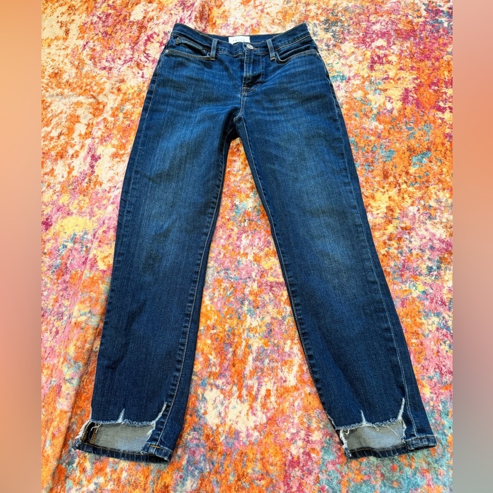 FRAME Le High Straight Jeans Women’s Size 25 Dark Wash Raw Hem Distressed Denim